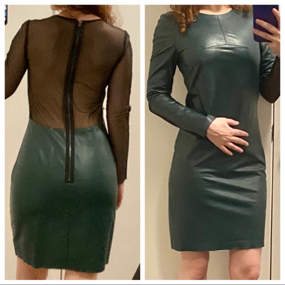 BCBG Green black Leather Sheer Back Zip dress Xs 0 - Picture 9 of 9